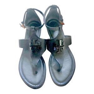 Tory Burch Laura Everly Logo Leather Sandal Black Matte/Mesh Leather Sz 7.5